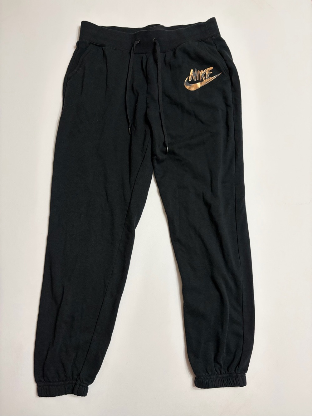 Nike Women's Size Large Black Gold Logo Swoosh Jogger Sweatpants Classic Y2K